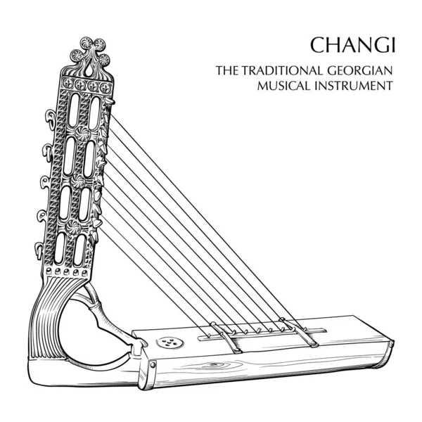 Changi Tradiční Gruzínský Hudební Nástroj Podobný Harfě Černý Výkres Izolovaný — Stockový vektor