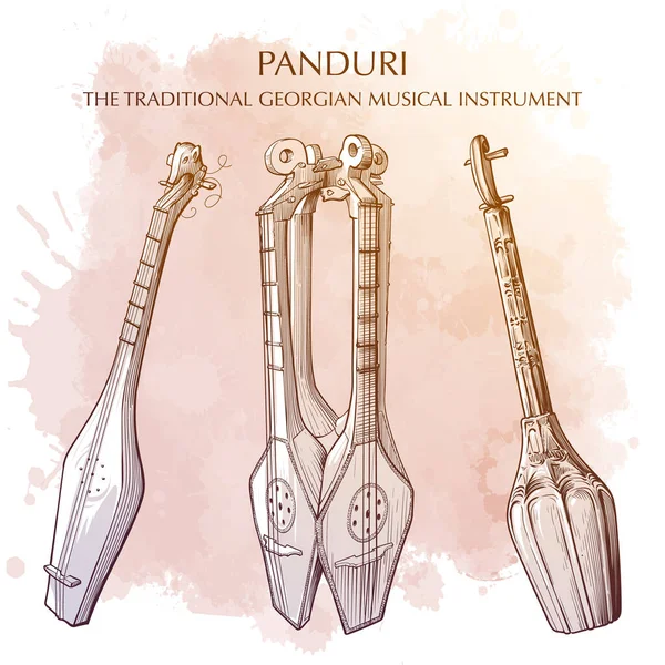 Panduri Ist Ein Traditionelles Georgisches Musikinstrument Ähnlich Einer Mandoline Linienzeichnung — Stockvektor