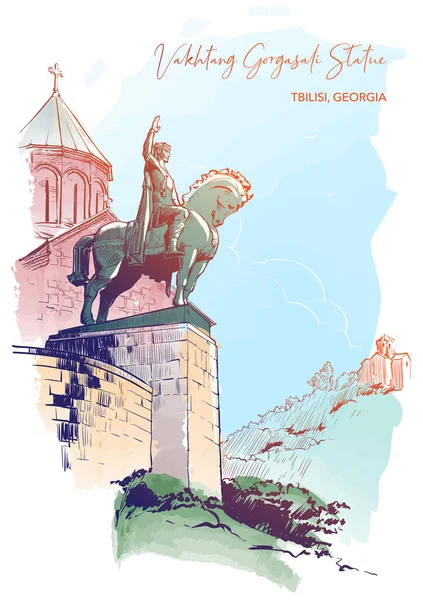Metekhi Church King Vakhtang Gorgasal Equisterian Statue Tbilisi Georgia Línea — Archivo Imágenes Vectoriales