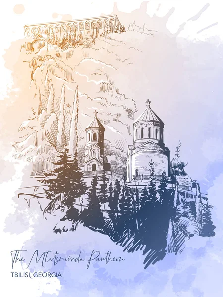 Mtatsminda Pantheon Slavných Umělců Národních Hrdinů Tbilisi Georgia Kresba Čáry — Stockový vektor