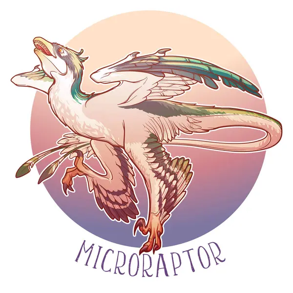 Chasse Microraptor Petit Dinosaure Courant Pour Proie Dessin Ligne Coloré — Image vectorielle