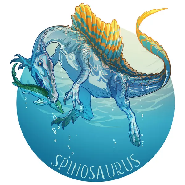 魚のスピノサウルス狩り 白い背景に隔離された着色された線形手描き イラスト素材 ステッカーかバッジ Eps10ベクターイラスト ロイヤリティフリーのストックイラスト