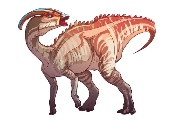 돌려와 자세에 다리에 Parasaurolophus 동물은 트럼펫입니다 배경에 생생하게 착색하고 고립된 벡터 그래픽