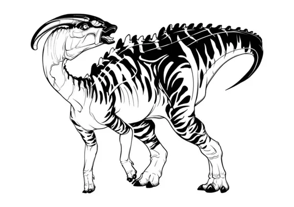 돌려와 자세에 다리에 Parasaurolophus 동물은 트럼펫입니다 배경에 색칠하기 페이지 Paleoart는 스톡 벡터