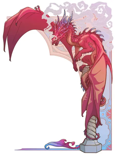 Uma Ilustração Desenho Animado Dragão Vermelho Sentado Pedestal Com Gráficos — Vetor de Stock