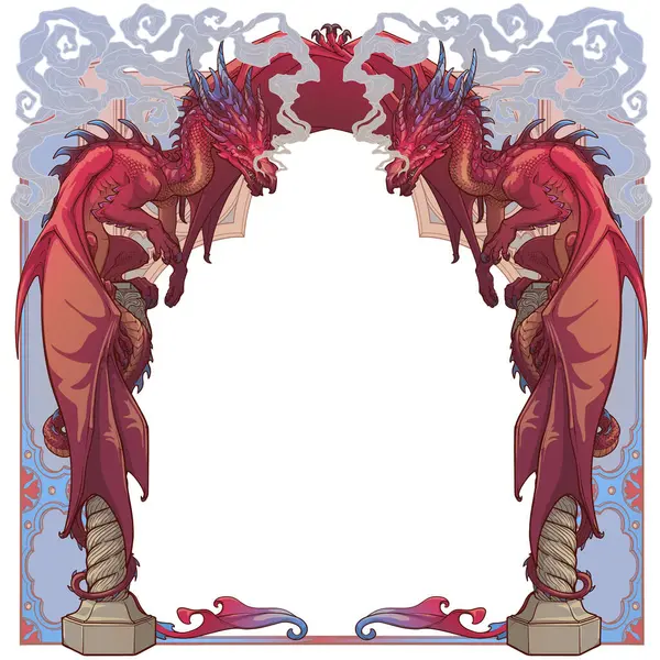 Dos Dragones Rojos Sentados Arco Gótico Exhalando Humo Protegiendo Entrada Ilustración De Stock
