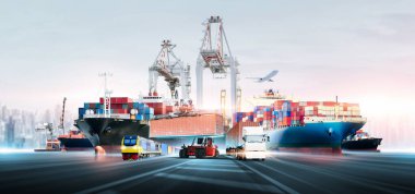 Global business logistics transport import export and International trade concept, Logistic distribution of containers cargo freight ship, train, truck, airplane, Transportation industry background