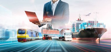 Business and technology digital future of cargo containers logistics transportation import export concept, Engineer using laptop online tracking control delivery distribution on world map background