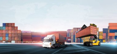 Container handler forklift loading at the docks to truck with stack of colorful containers box background and copy space, Cargo freight shipping import export logistics transportation industry concept
