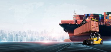 Containers cargo freight ship during discharging at industrial port and handler forklift loading with copy space, Logistics import export background transport industry concept, warehouse distribution