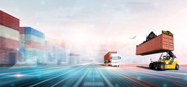Container handler forklift loading at the docks to truck with stack of colorful containers box background and copy space, Cargo freight shipping import export logistics transportation industry concept