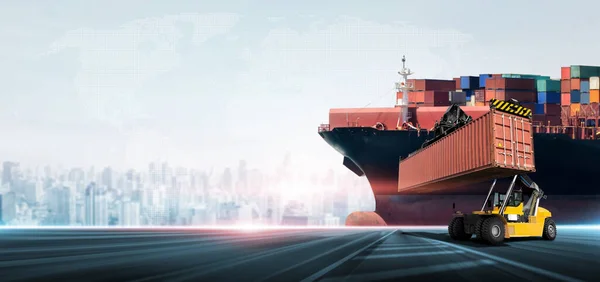 Containers Cargo Freight Ship Discharging Industrial Port Handler Forklift Loading — Stock fotografie