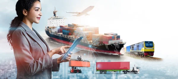 Business Technology Digital Future Cargo Container Logistics Transportation Import Export Rechtenvrije Stockafbeeldingen