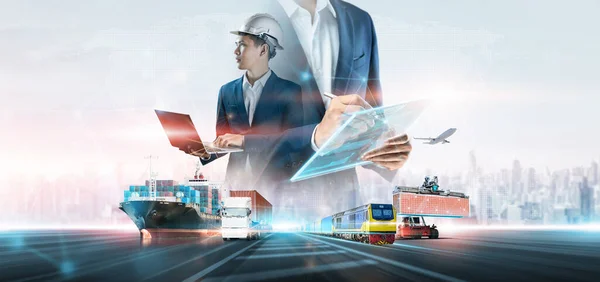 Business Technology Digital Future Cargo Containers Logistics Transportation Import Export Rechtenvrije Stockfoto's