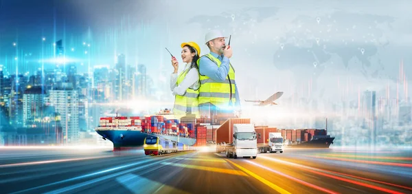 Innovation technology digital future of logistics freight transportation import export concept, Engineer using radio communication working at industrial port, Containers checking control management