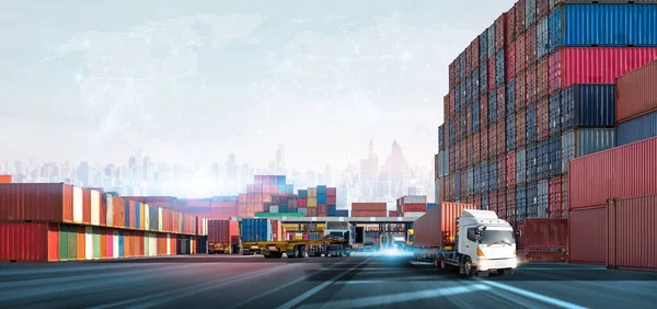 Transport Van Container Cargo Truck Containerwerf Achtergrond Commerciële Zeehaven Depot Stockfoto