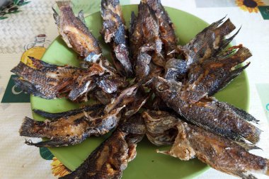 Yemek masasındaki tabakta kızarmış balık yemeye hazır.