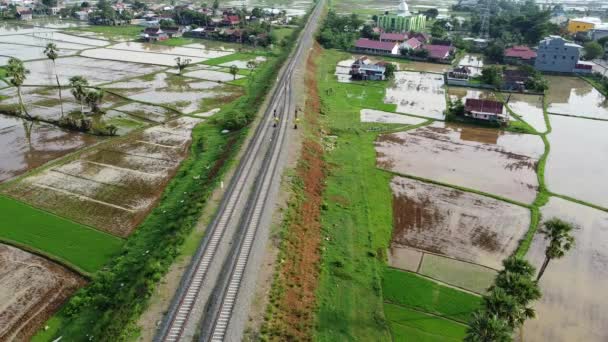 Άποψη Των Σιδηροδρομικών Γραμμών Και Ορυζώνες Στην Ύπαιθρο Pangkep Ινδονησία — Αρχείο Βίντεο