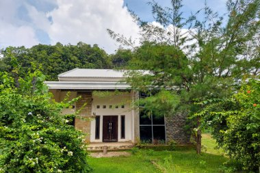 Öndeki boş ev mavi gökyüzüne karşı yabani otlarla kaplanmış.