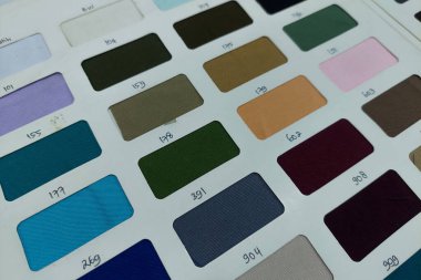 Katalogdaki renk örnekleri, istenen kumaş rengini eşleştirmek için kullanılır