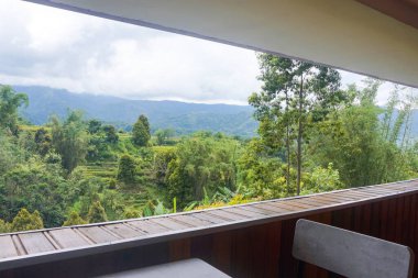 Sabahları ahşap villanın terasından doğal manzara.