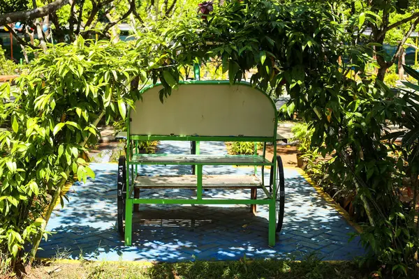 Güzel bir parkta çocuk taksisi sürüyor.