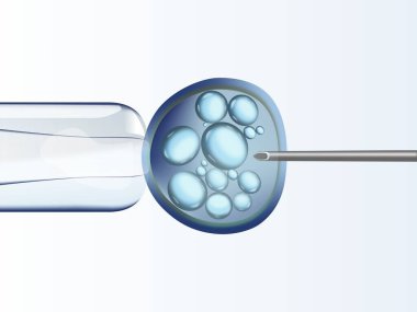 Laboratuvarda yumurta şeklinde mavi bir pipetin tüp bebek (tüp bebek) dijital illüstrasyonunda.