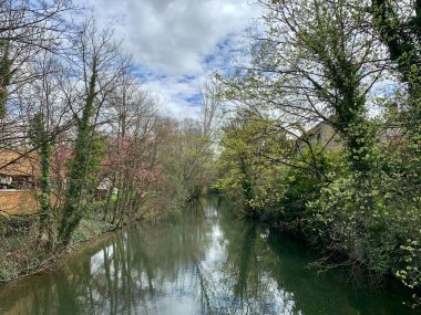 Nehir, ağaçlar ve gökyüzündeki bulutlar
