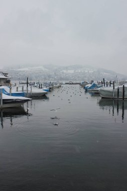 Göllerde soğuk kış manzaraları, arka planda karla kaplı tekneler ve dağ tepeleri