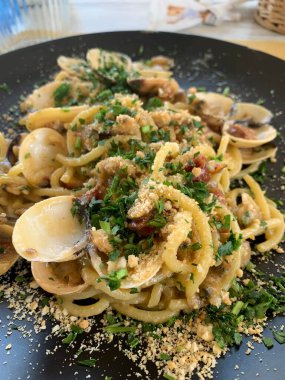 İstiridyeli lezzetli makarna: Yakın görüş.