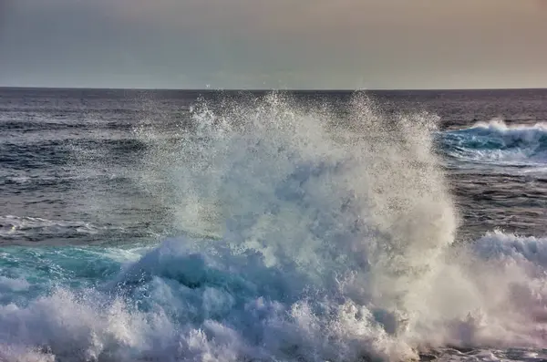 Deniz kıyısında büyük bir dalga, kayalıklarda kırılıyor