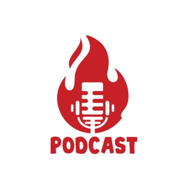 Yanan mikrofon, podcast müzik için klasik podcast alev logosu, markalar ve şirketler için basit logo