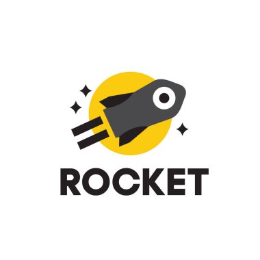 Arkasında güneş olan modern minimalist roket uzay logosu, oyuncak ve gıda ürünleri markaları için mükemmel.