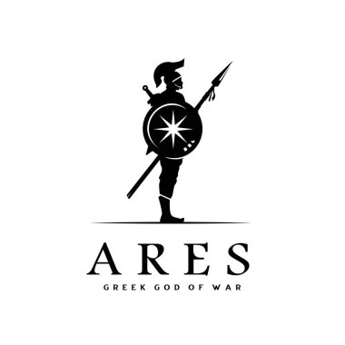 Ares 'in Silueti, Kalkan ve Mızrakla Savaş Tanrısı, Güçlü Yunan Savaşçı Logosu Tasarımı