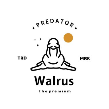 Eski moda hipster deniz aygırı logosu ana hatlı monolin sanat simgesi