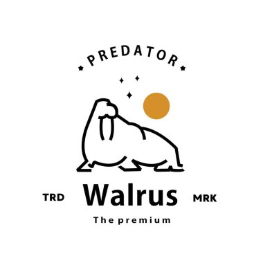 Eski moda hipster deniz aygırı logosu ana hatlı monolin sanat simgesi