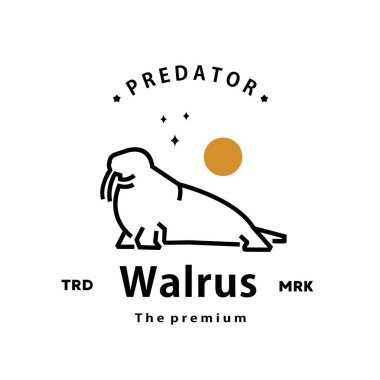 Eski moda hipster deniz aygırı logosu ana hatlı monolin sanat simgesi