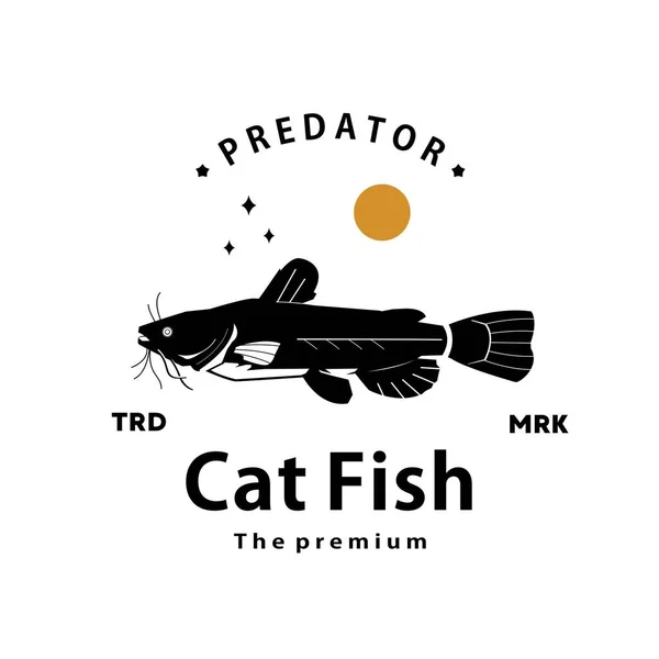 Eski Tip Hipster Kedi Balığı Logosu Ana Hatları Siluet Sanat — Stok Vektör
