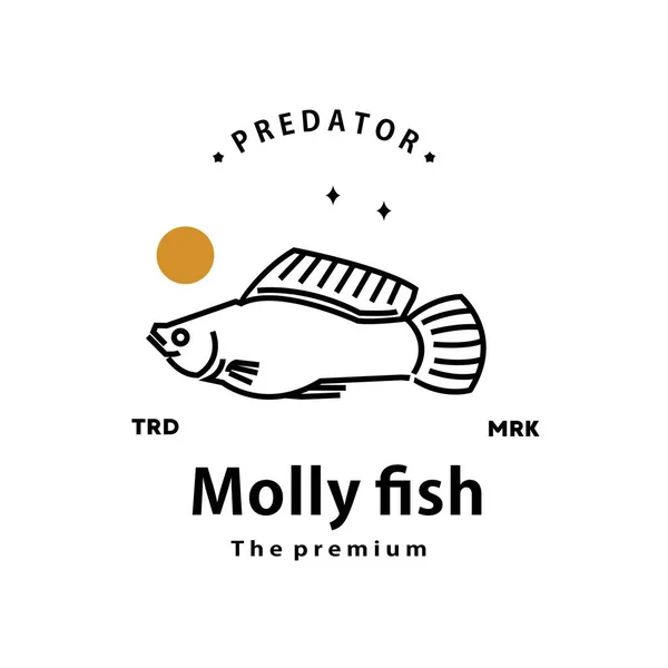 Klasik Retro Hipster Molly Fish Logo Vektör Anahatları Monoline Sanat — Stok Vektör