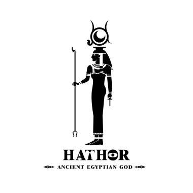 Antik Mısır tanrısı Hathor silueti. Ortadoğu güzellik kraliçesi taç ve güneş