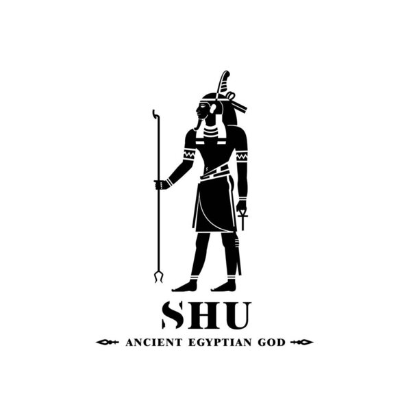 Silhouette of ancient egypt wind god shu, middle east ruler with crown and death symbol