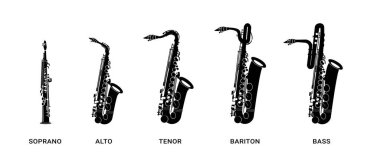 Müzik mağazaları ve topluluklar için uygun rüzgar enstrümanı logosu, saksafon silueti