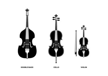 telli enstrüman logosu illüstrasyonu, biola, çello, müzik mağazaları ve topluluklar için uygun çift bas silueti