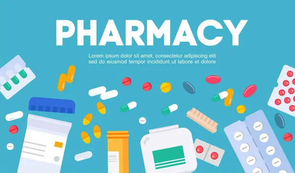Eczane tıbbi konsepti. Çeşitli sağlık ilaçları, vitaminler, haplar, kapsüller. Düz biçimde sağlık illüstrasyonu.