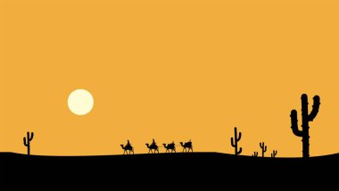 illustration of travel silhouette in middle eastern desert with camel katus tree and sunset clipart