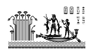 Antik Mısır tarihinin elementlerine sahip papirüs, Nil 'de tekneyle avlanıyor.