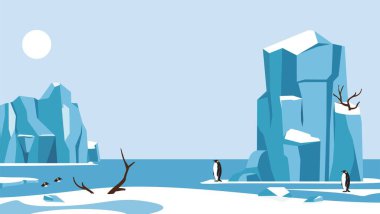 Kuzey kutbunun doğal bir manzarasının resmi. Penguenler ve buzullarla dolu vahşi bir buzul bölgesi.