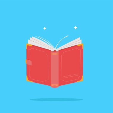 Altın çerçeveli klasik kırmızı kitap logosu, sihirli kitap illüstrasyonu. Poster ve web simgesi için uygun