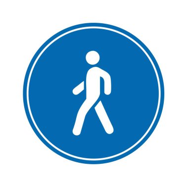 Yol işareti simgesi, Uyarı yayaları mavi yuvarlak tahta üzerinde yol. Poster kullanımı ve web simgesi için uygun