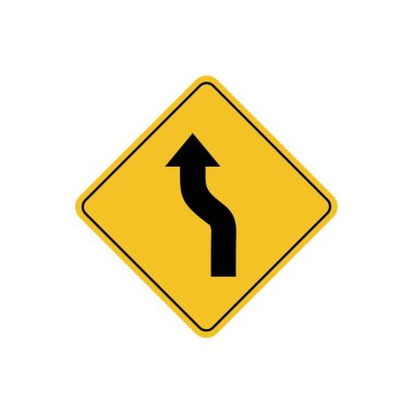 Yol işareti simgesi, sarı eşkenar dörtgen üzerinde iki kavis ileride. Tahta. Poster kullanımı ve web simgesi için uygun